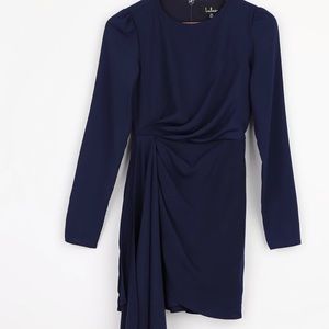 Navy blue mini dress with long drape. Super fun for a wedding guest